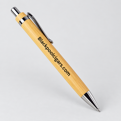 A bamboo pen with a silver metal clip, tip, and band, featuring the text 'Blackpoolcigars.com' printed on the barrel, shown on a light gray background.