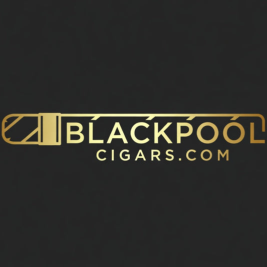 Gold 'Blackpool Cigars' logo on a black background