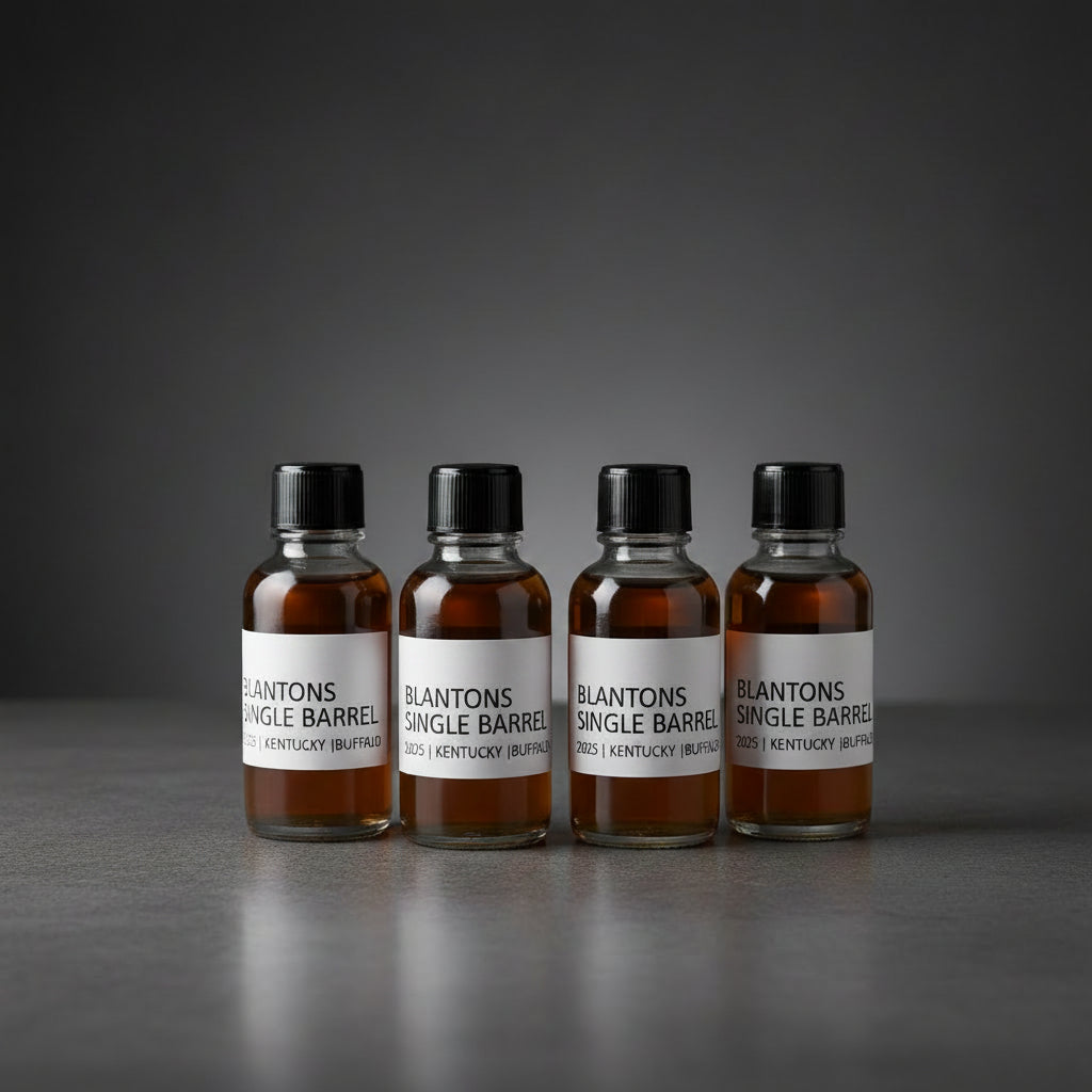 Four bottles of Blanton's Single Barrel whiskey on a white background