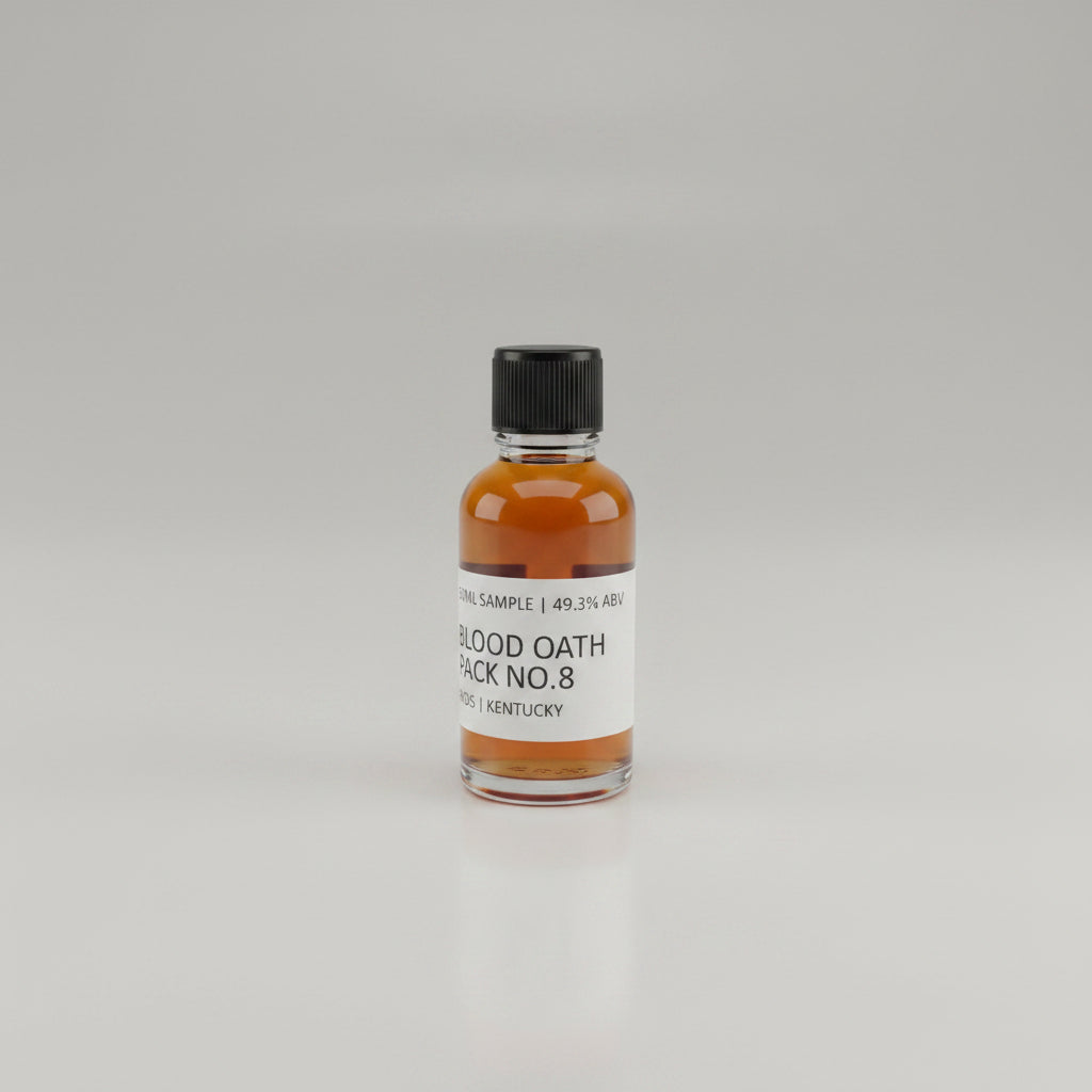 Small bottle of Blood Oath Whiskey Sample on a light pink background