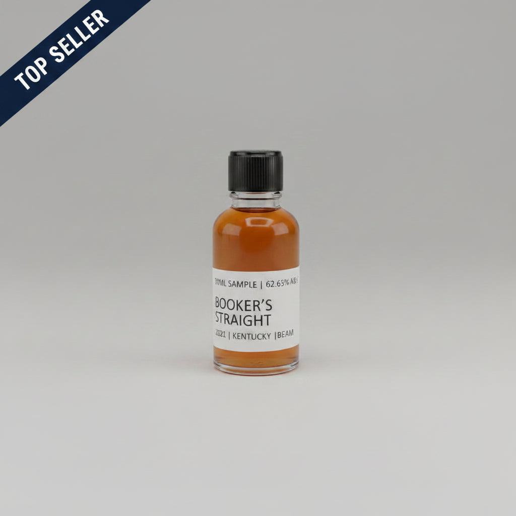 Bottle of Booker's Straight bourbon whiskey on a light pink background