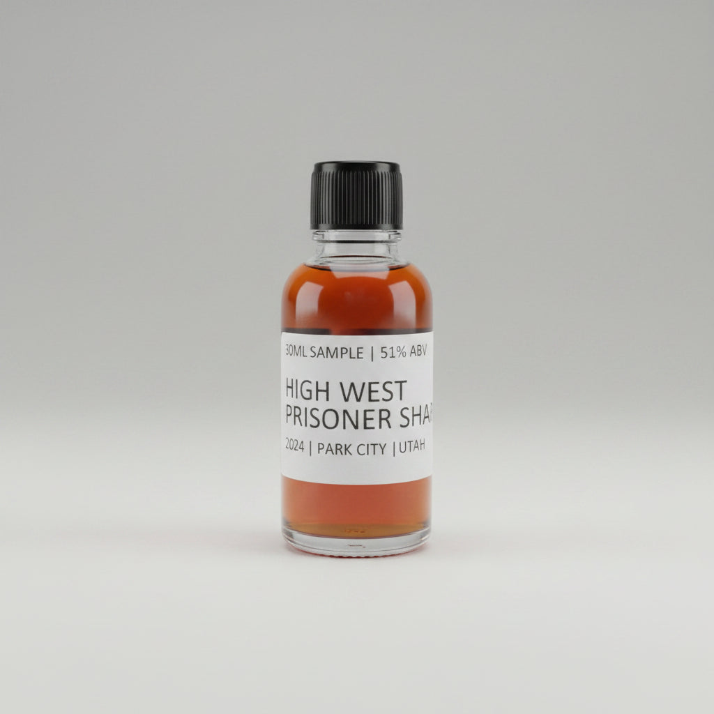 Bottle of High West Prisoner Sherry whiskey on a reflective surface with blurred background