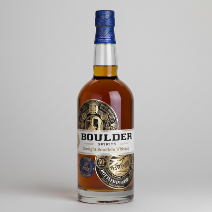 A bottle of Boulder Spirits Straight Bourbon Whiskey with amber liquid, a white label with gold and black detailing, and a blue neck seal, shown against a plain white background.