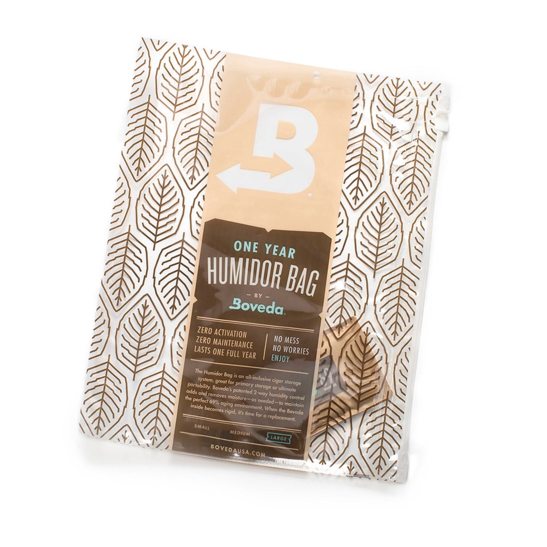Boveda one-year humidifier bag with leaf pattern on a white background