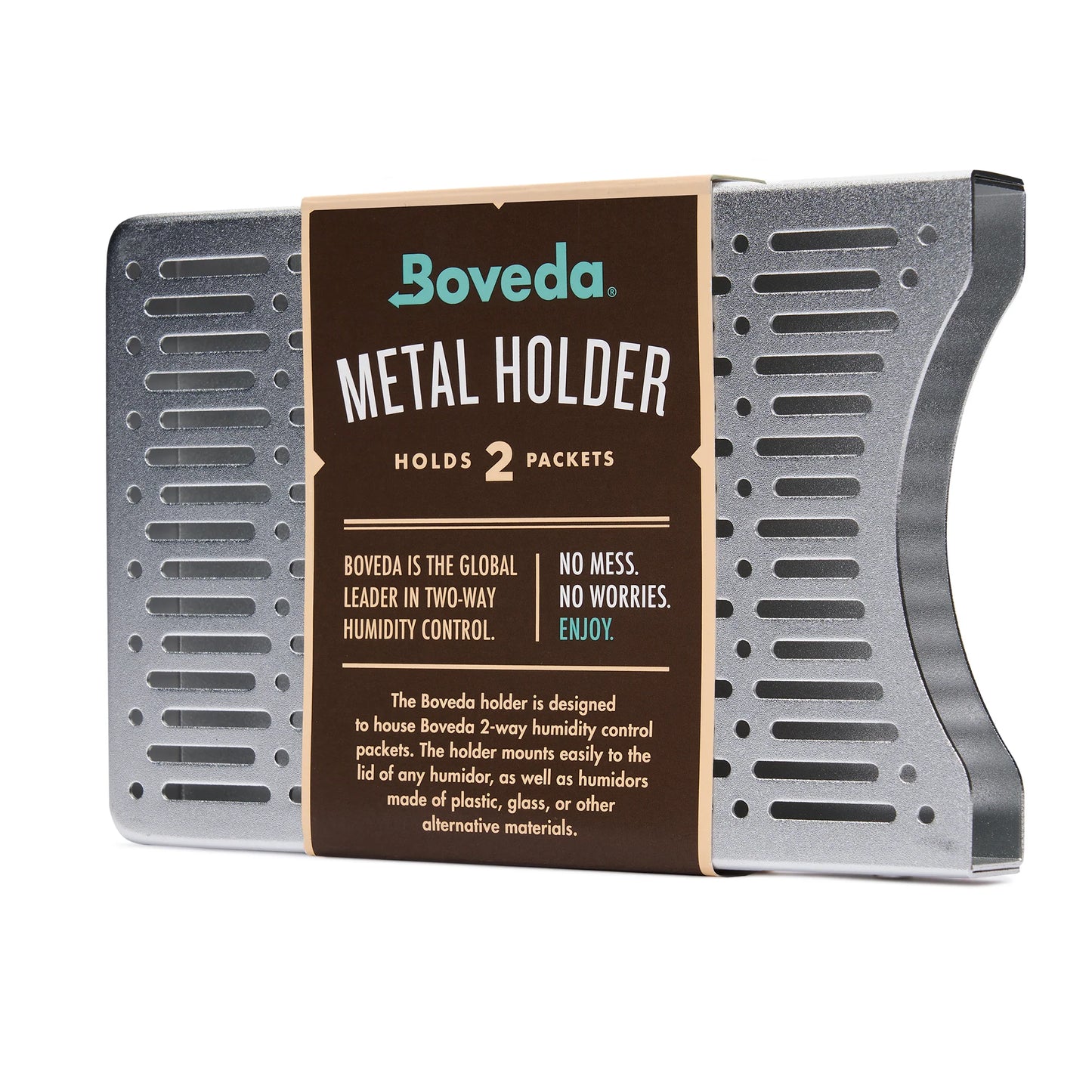 Boveda metal holder for storing two humidity control packets on a white background