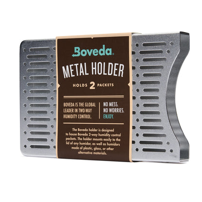 Boveda metal holder for storing two humidity control packets on a white background