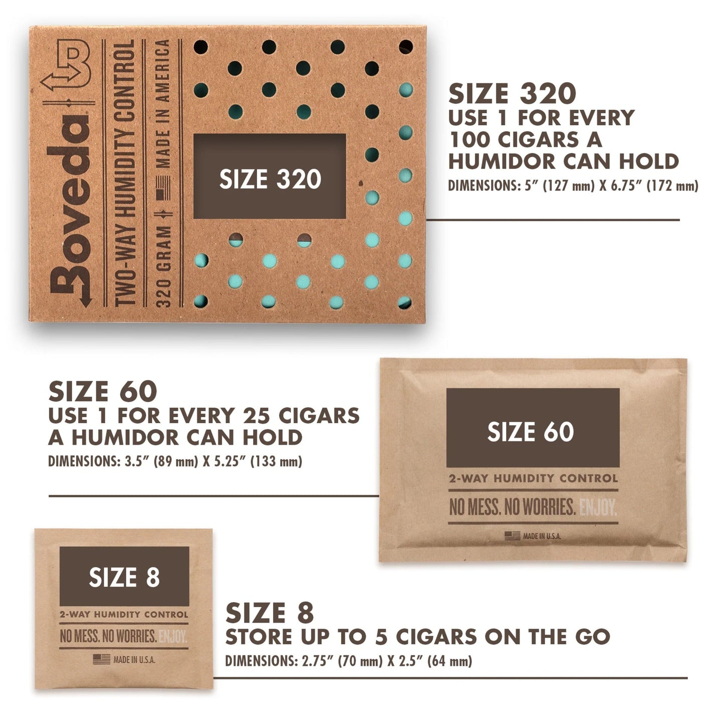 Boveda humidity control packaging with size specifications on a white background