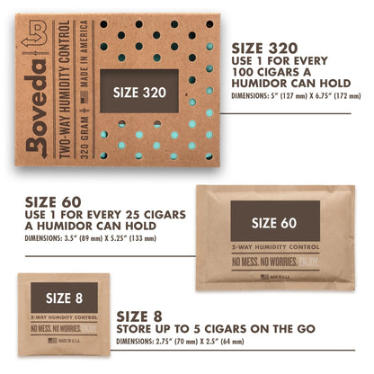 Boveda humidity control packaging with size specifications on a white background