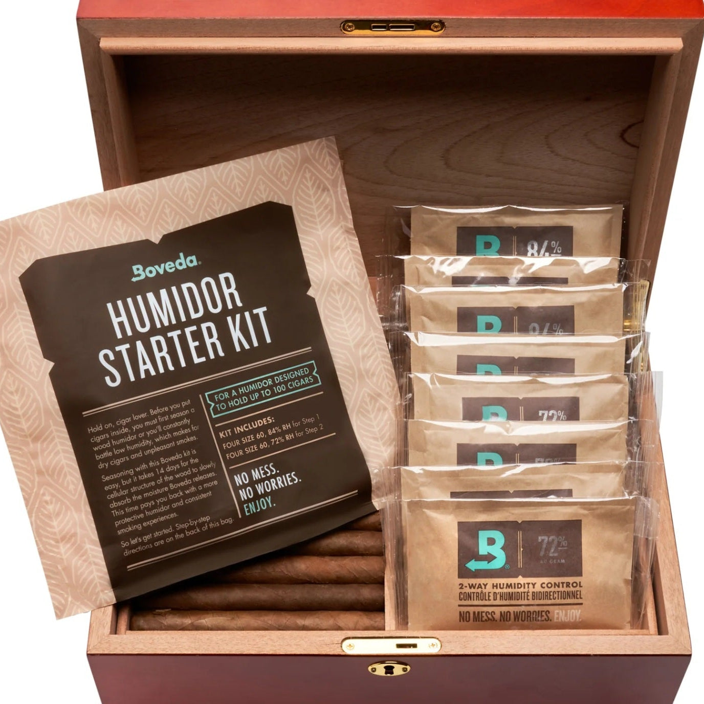 Boveda Humidor Starter Kit with packaging and components inside a wooden box.