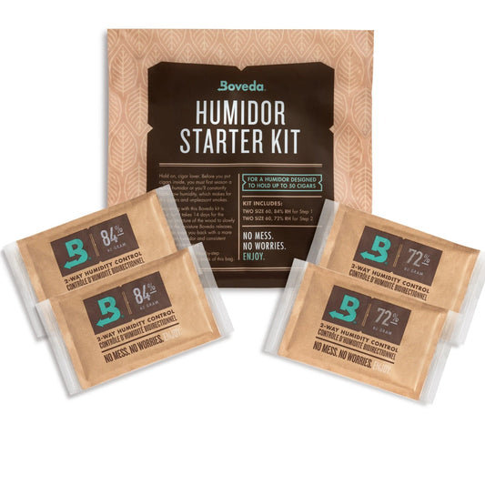 Boveda Humidor Starter Kit with three humidity control packs on a white background