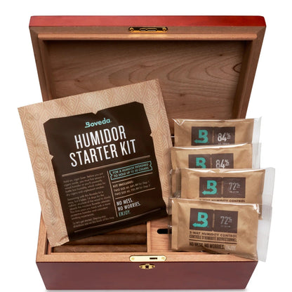 Humidor starter kit with Boveda packages in a wooden box
