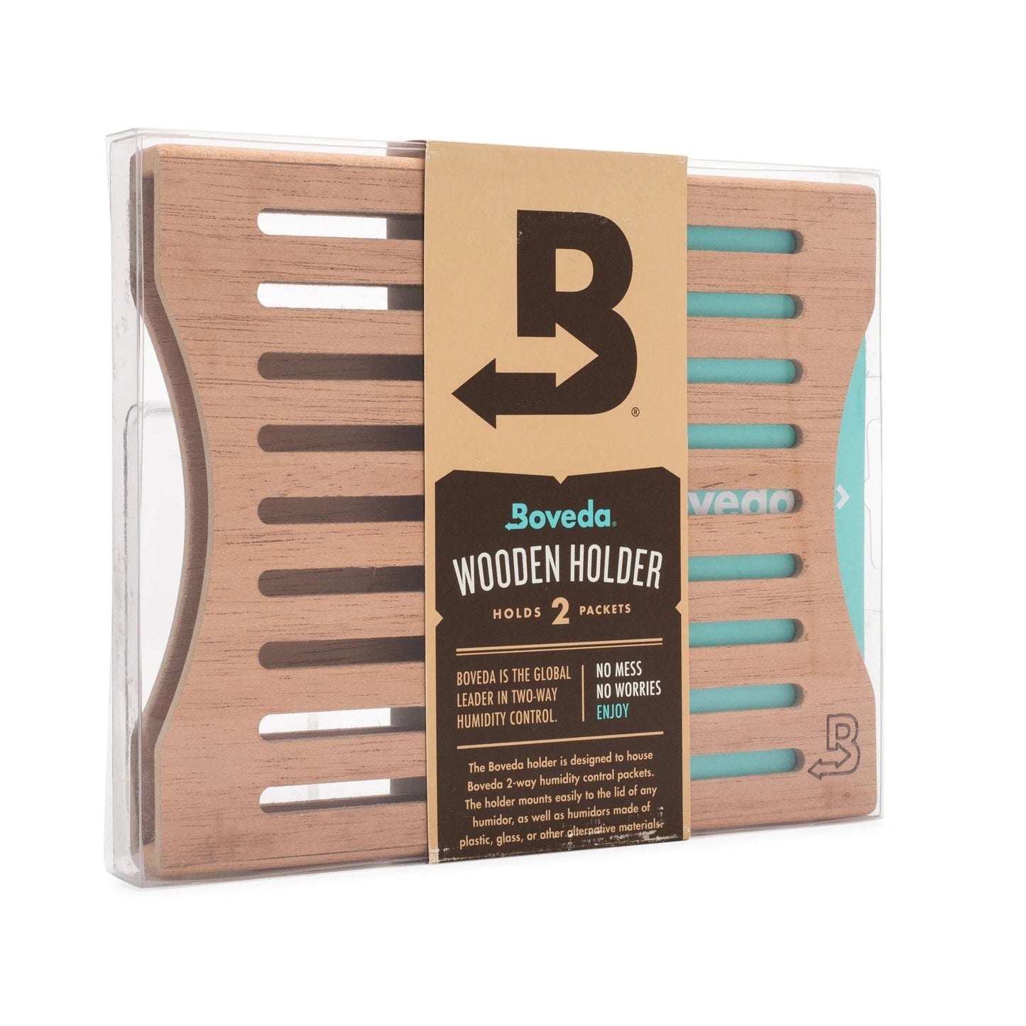 Boveda wooden holder packaging with brand label on a white background