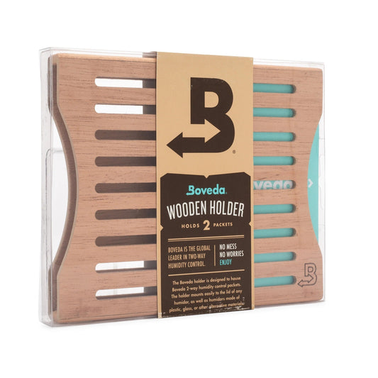 Boveda wooden holder packaging with brand label on a white background