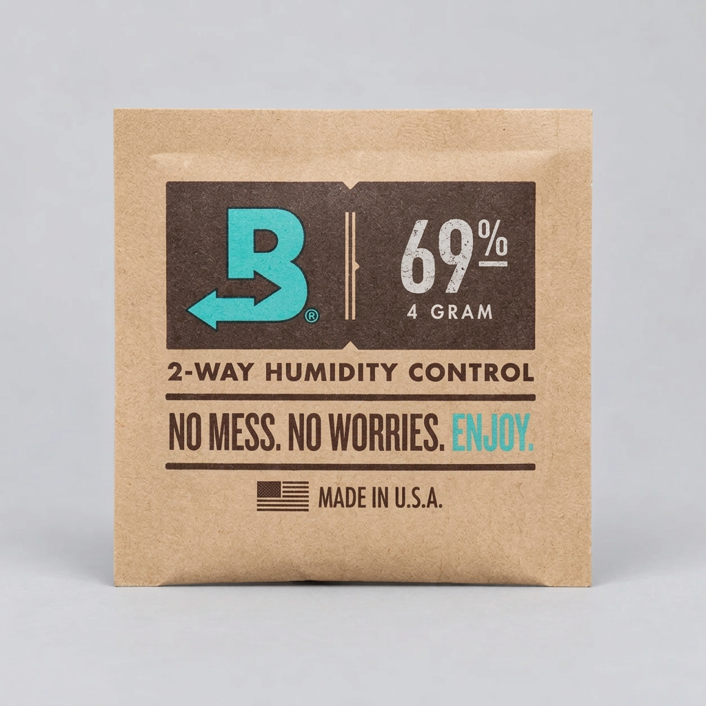 A 4-gram packet of Boveda 6% 2-way humidity control, made in the USA, featuring a kraft paper packaging design with a dark brown label and a turquoise B logo.