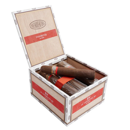 Open wooden box containing cigars with visible branding on a white background