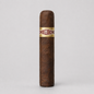 A single brown cigar standing upright against a light gray background, featuring a gold band with red and white lettering that reads 'J. A.