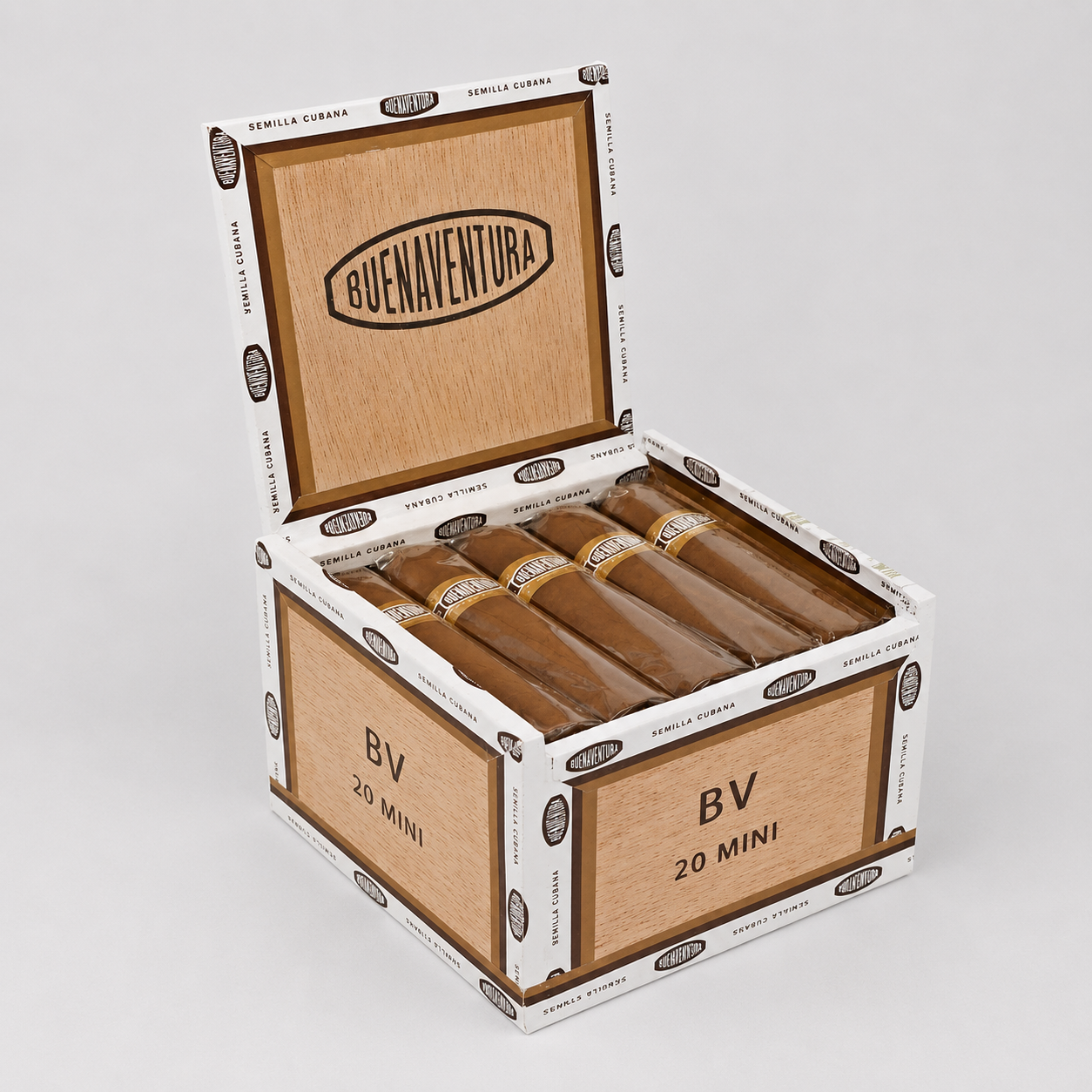 An open box of Buena Ventura 20 Mini cigars on a light gray background. The box is made of natural wood with white and black printed branding, and several cigars are neatly arranged inside.