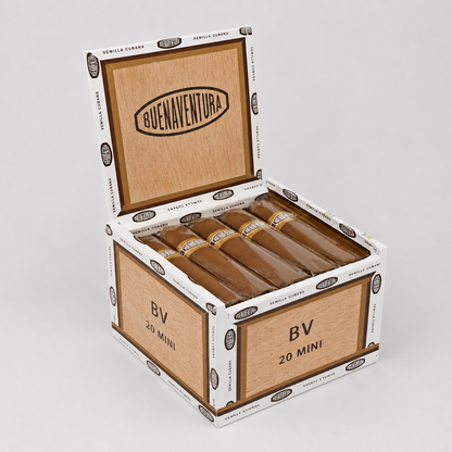 An open box of Buena Ventura 20 Mini cigars on a light gray background. The box is made of natural wood with white and black printed branding, and several cigars are neatly arranged inside.