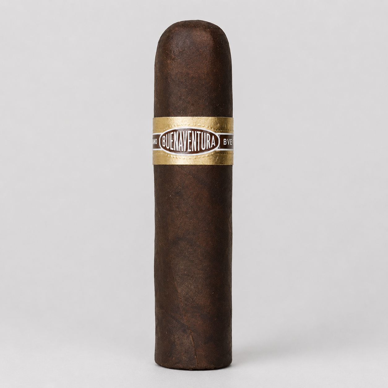 A single dark brown cigar standing upright against a light gray background, featuring a gold and black band with the text 'Cruavenchura' and 'B Ent.'.