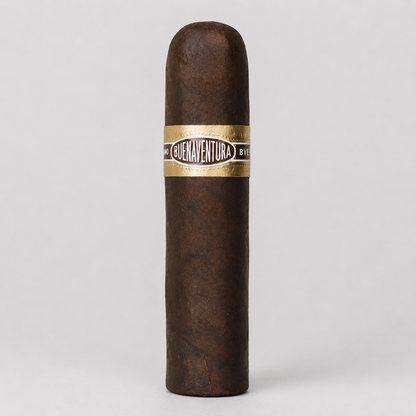 A single dark brown cigar standing upright against a light gray background, featuring a gold and black band with the text 'Cruavenchura' and 'B Ent.'.