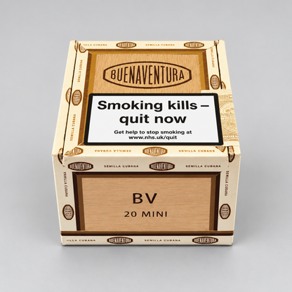 A box of BuenaVentura 20 Mini Semilla Curana cigars on a neutral gray background. The packaging features a light wood-grain textured design with dark brown accents and a prominent black and white health warning label on the front.