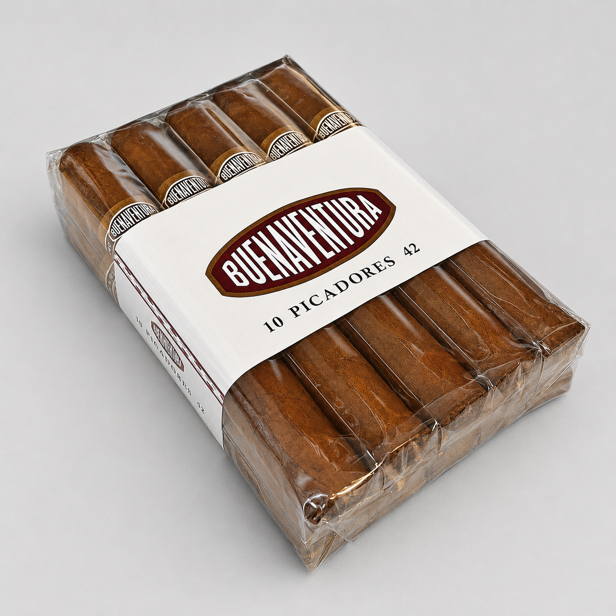 A pack of 10 cigars from the brand Buenaventura, size 42, wrapped in clear plastic with a white paper band featuring the brand name.