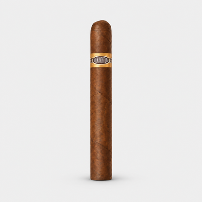 A single brown cigar standing upright against a light gray background, featuring a gold and black band with the brand name 'Café Clásico' visible.