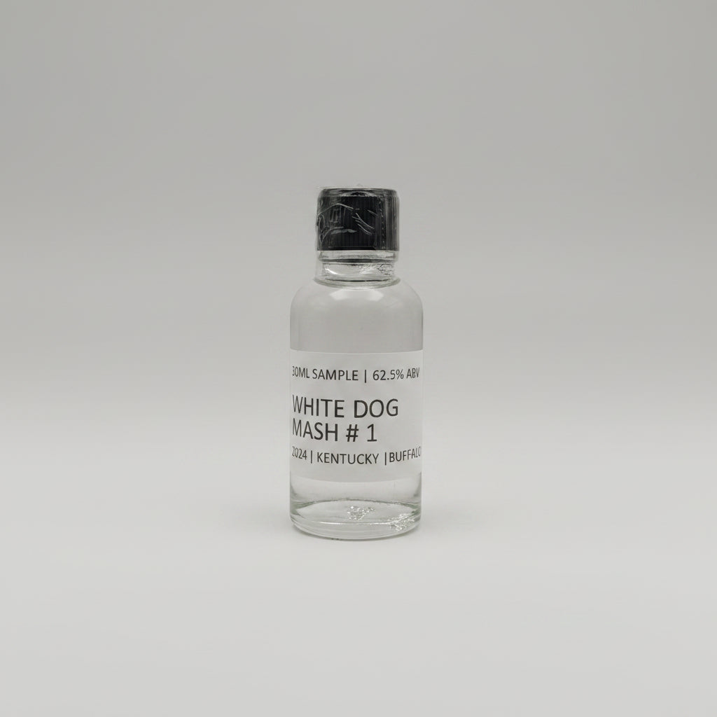 Clear bottle of buffalo trace white dog mash #1 with black label on a white background