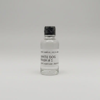 Clear bottle of buffalo trace white dog mash #1 with black label on a white background
