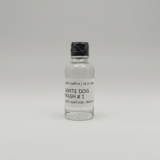 Clear bottle of buffalo trace white dog mash #1 with black label on a white background