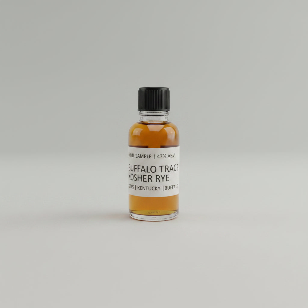 Small bottle of Buffalo Trace Rye whiskey on a white surface with a gray textured background
