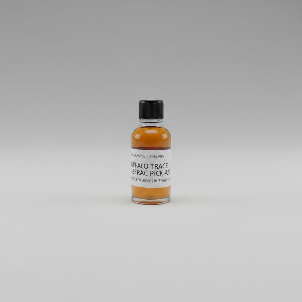Small bottle of Buffalo Trace whiskey sample with a label on a beige background