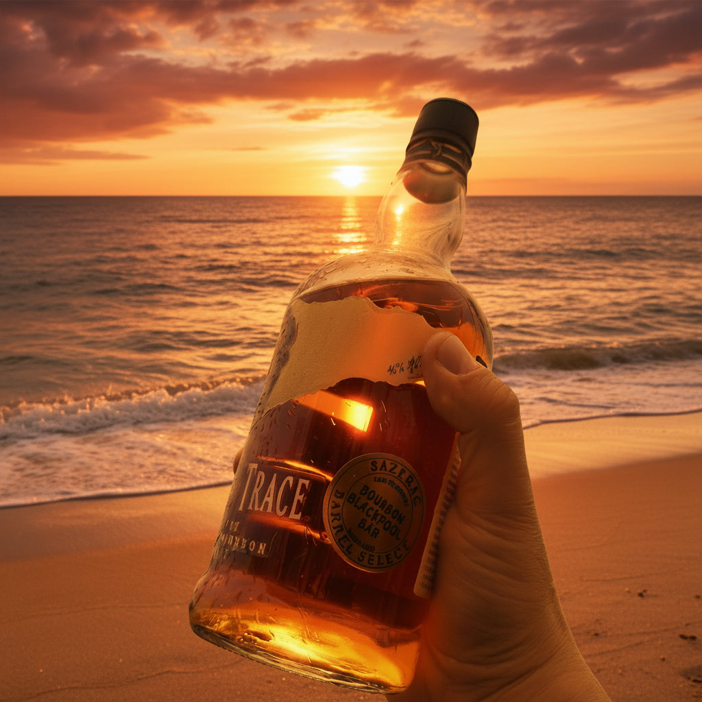 Hand holding a bottle of Buffalo Trace Single Barrel whiskey against a cloudy sky.
