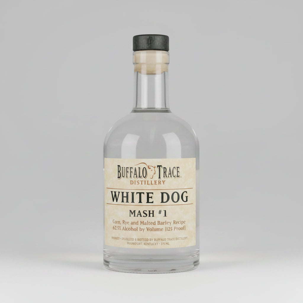 A clear glass bottle of Buffalo Trace Distillery White Dog Mash #1 spirit with a beige label and a black cap, shown against a plain white background.