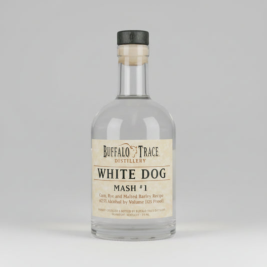A clear glass bottle of Buffalo Trace Distillery White Dog Mash #1 spirit with a beige label and a black cap, shown against a plain white background.