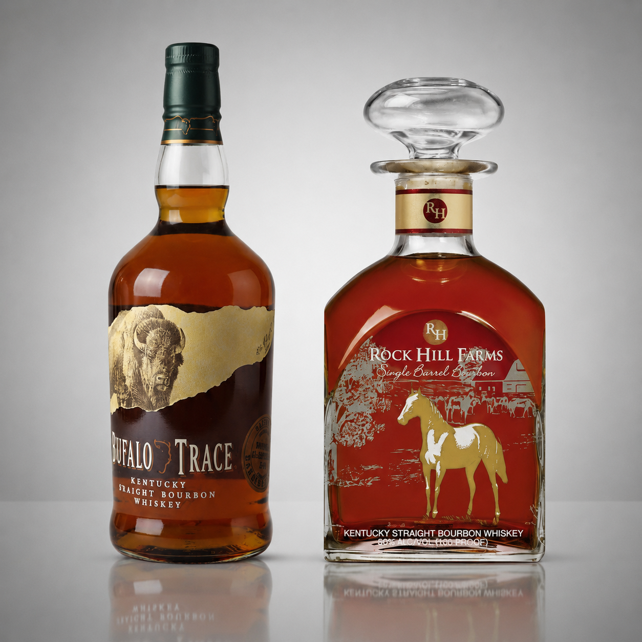 Two whiskey bottles on a light gray studio background: a clear glass bottle of Buffalo Trace Kentucky Straight Bourbon Whiskey Barrel pick with amber liquid and a tan/brown label, and a red Rock Hill Farms Single Barrel Collection decanter with a clear stopper and gold horse artwork.