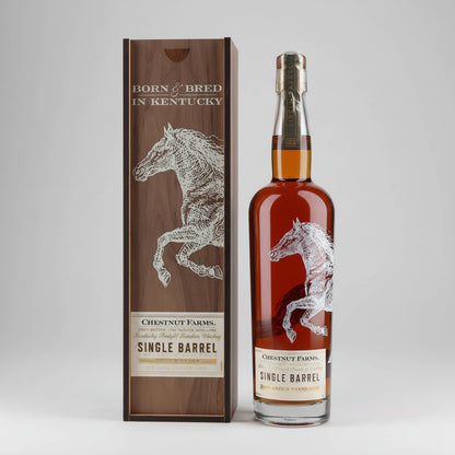A bottle of Chestnut Farms Single Barrel bourbon whiskey stands next to its tall brown wooden presentation box on a plain white background. The bottle contains amber liquor and features a white horse illustration, while the box is dark brown wood with matching text and artwork.
