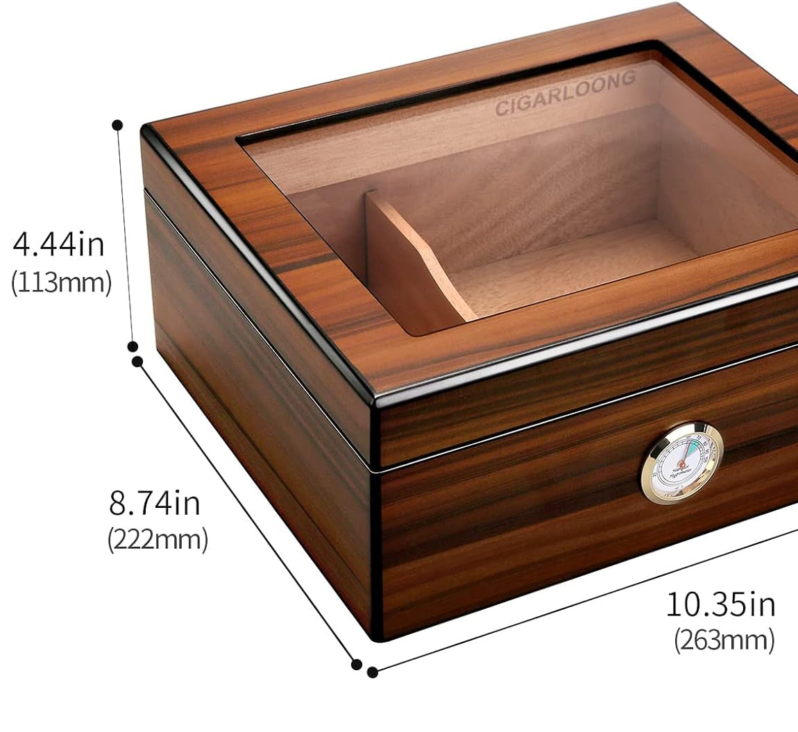 Wooden cigar box with dimensions and product details on a white background