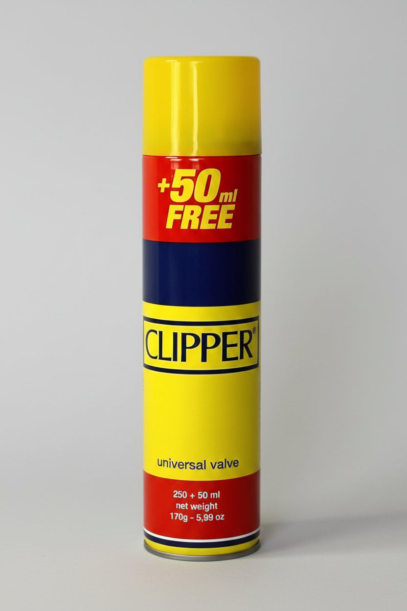Two yellow and red canisters of Clipper Universal Valve spray with '+50 ml FREE' text, shown side by side on a white background.