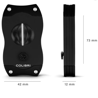 Black Colibri V-Cut cigar cutter with dimensions on a white background