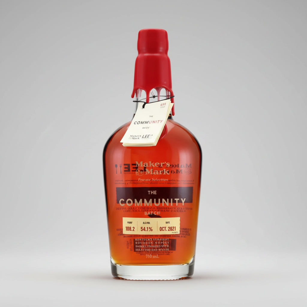 Bottle of Maker's Mark The Community Edition bourbon on a white background