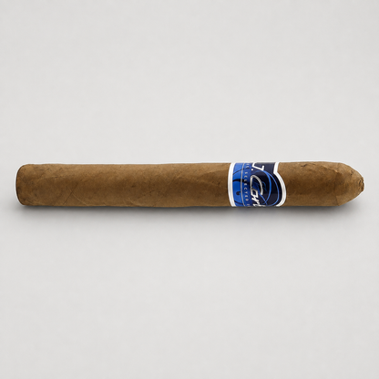 A single brown cigar with a blue and white band, positioned horizontally on a light gray background.