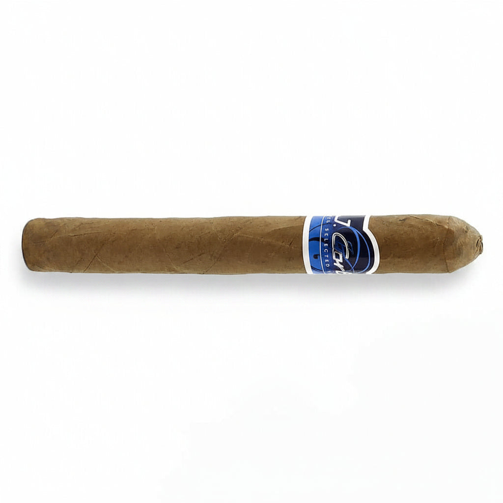 Cigar with a blue and white label on a white background