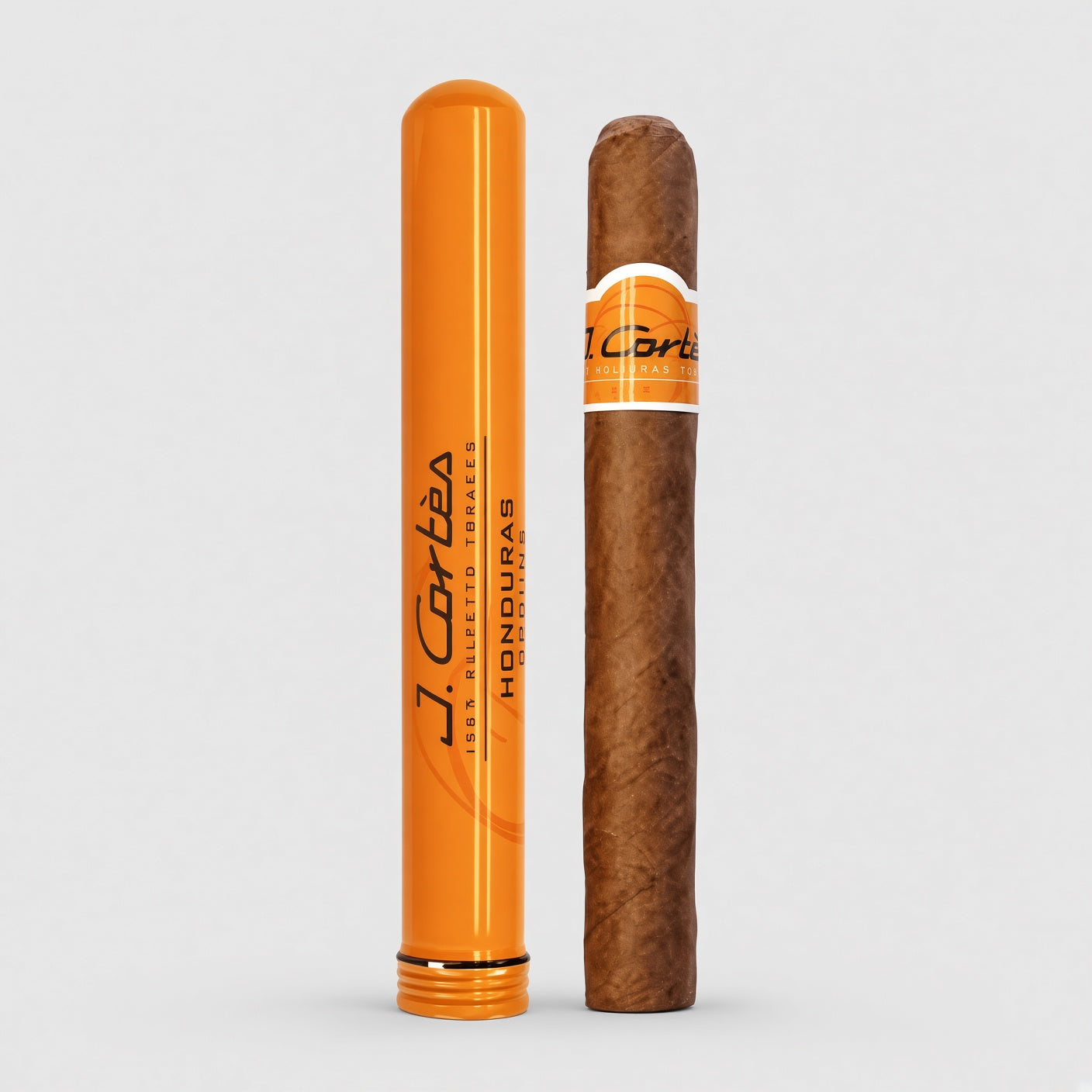 A J. Cartés cigar and its matching orange cylindrical packaging container, displayed side-by-side on a light gray background.