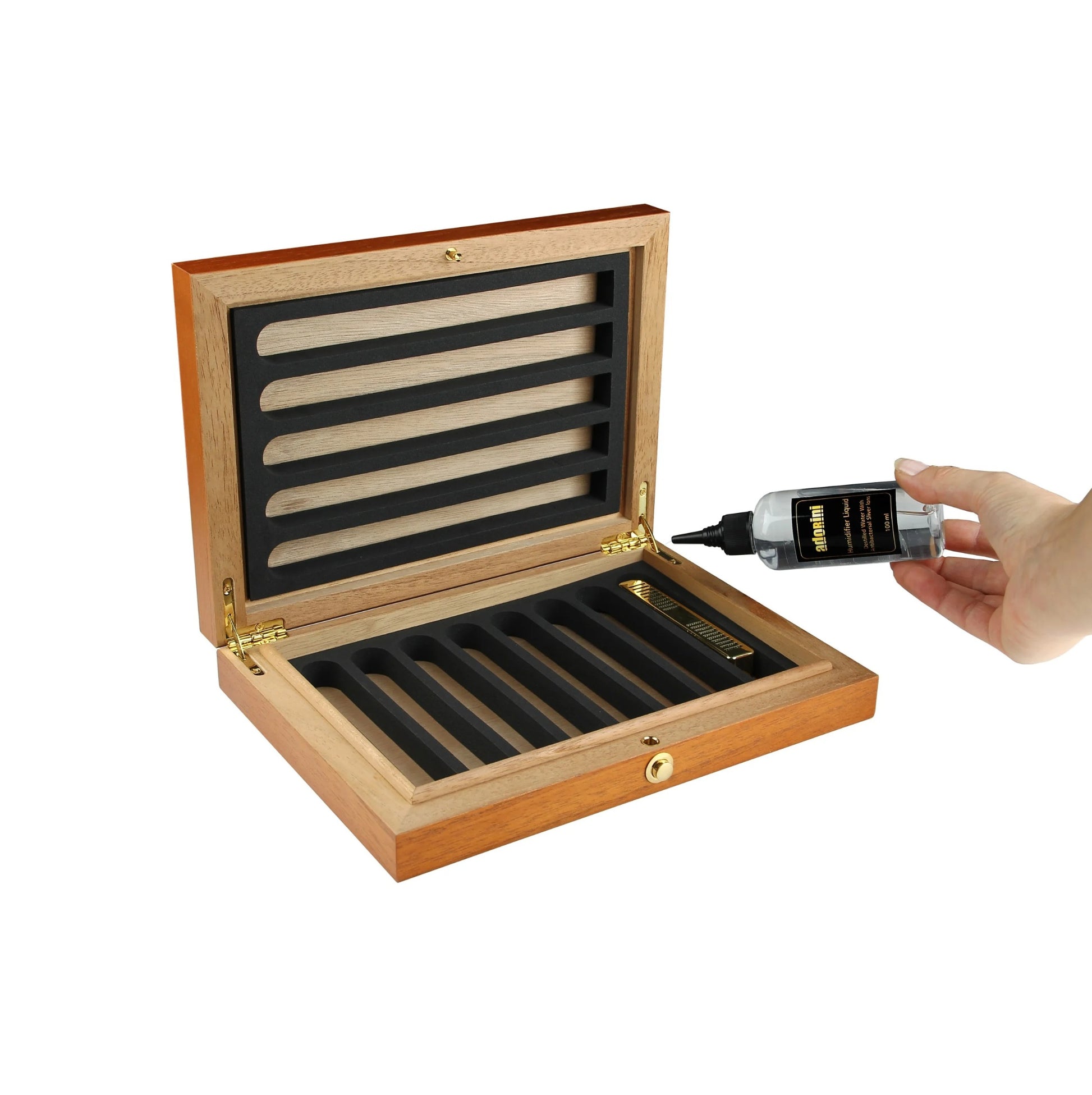 Credo travel humidor box open showing refill process