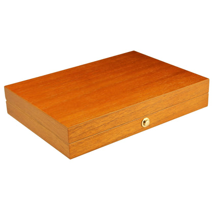 Wooden cigar humidor box with a gold clasp on a white background