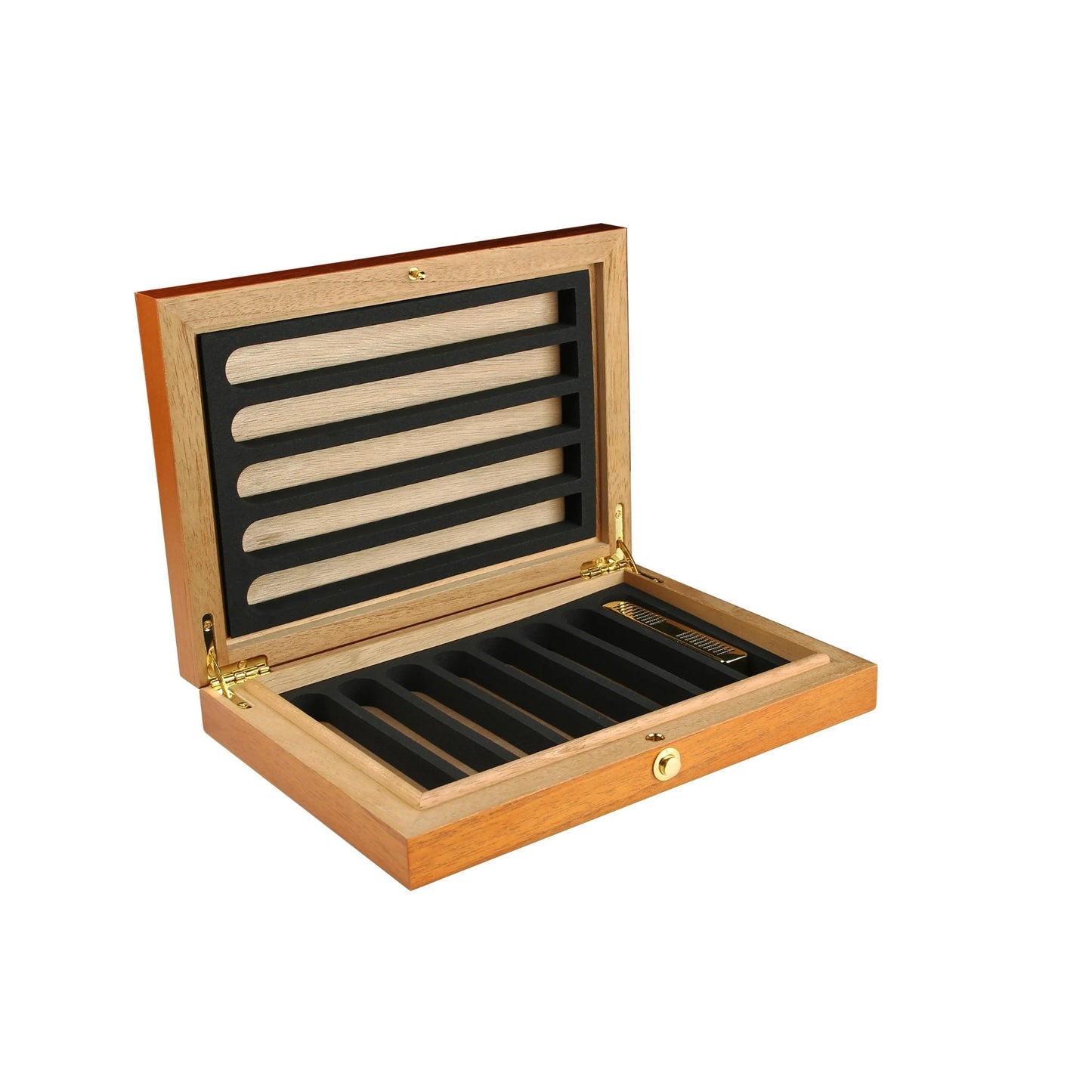Wooden cigar humidor box with black interior on a white background