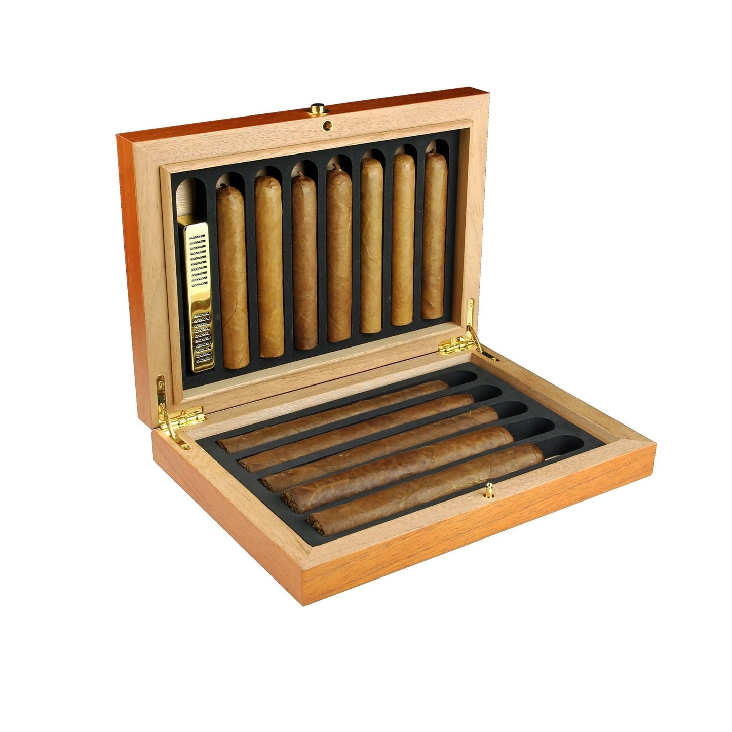 Open wooden box containing cigars on a white background