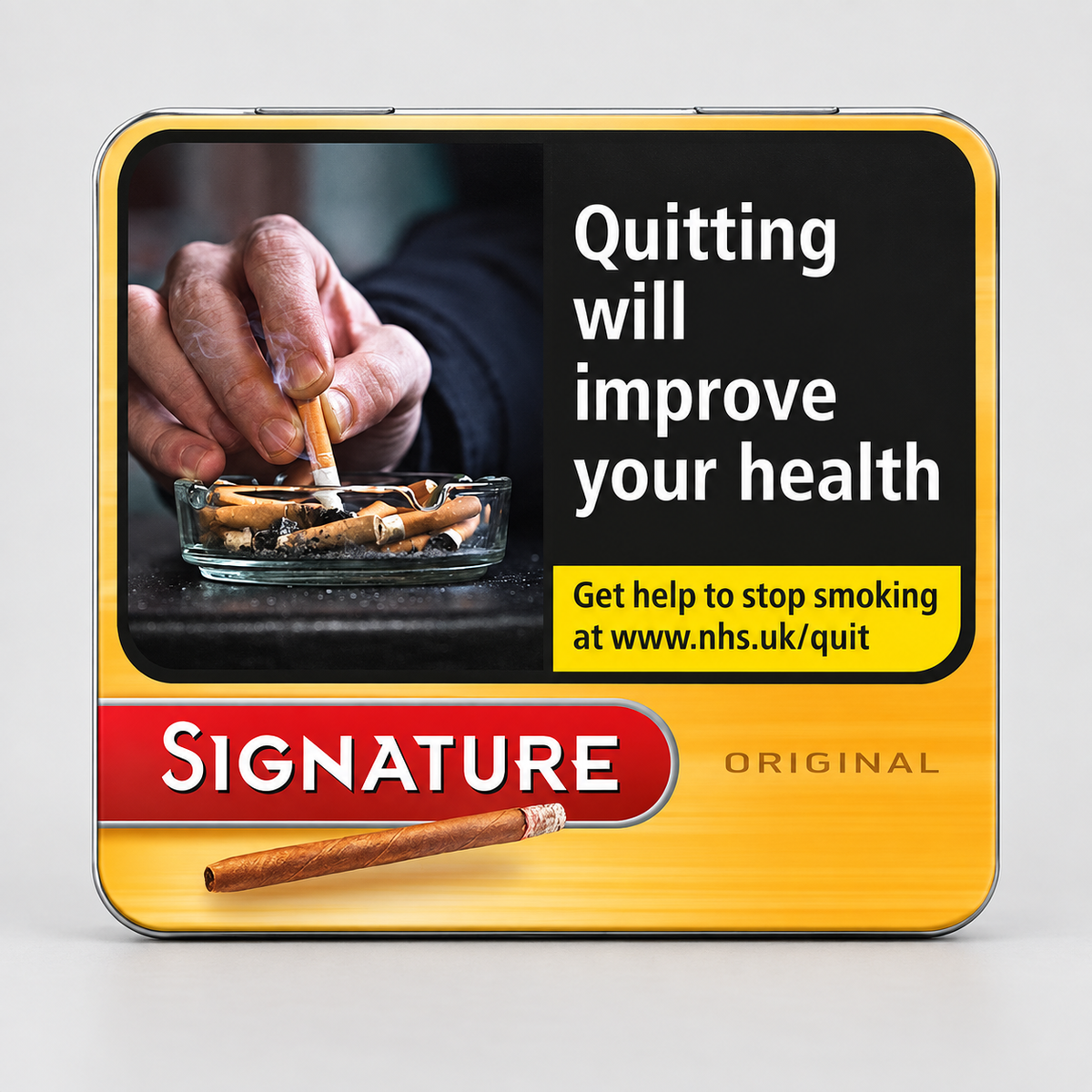 A rectangular tin with rounded corners, featuring a smoking cessation advertisement. The tin has a yellow-to-orange gradient background, a black text panel reading 'Quitting will improve your health' and 'Get help to stop smoking at www.