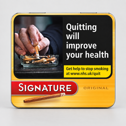 A rectangular tin with rounded corners, featuring a smoking cessation advertisement. The tin has a yellow-to-orange gradient background, a black text panel reading 'Quitting will improve your health' and 'Get help to stop smoking at www.